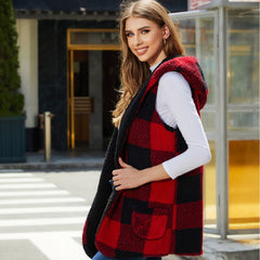 Fall Women Clothing Loose Hooded Buckle Cardigan Plaid Plush Vest Coat