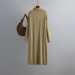 Heaps Collar Twist Woolen Women Autumn Winter Thick Loose Mid Length Over The Knee Knitted Dress