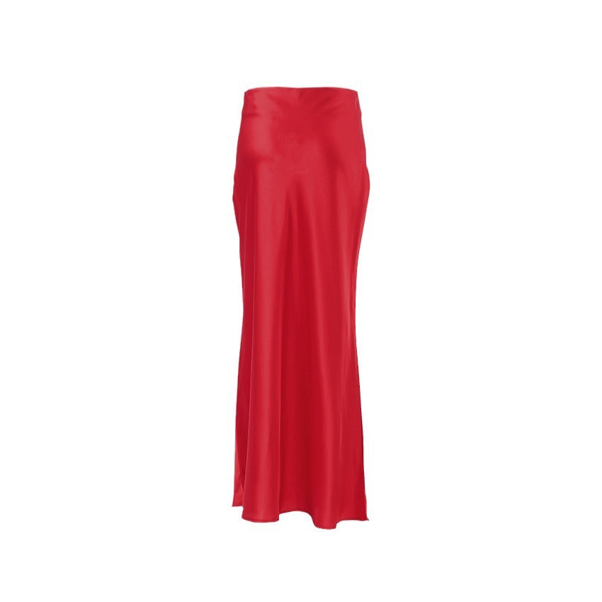 Red High Waist Fishtail Ankle High Skirt – Thin Soft Matte Satin Autumn Style