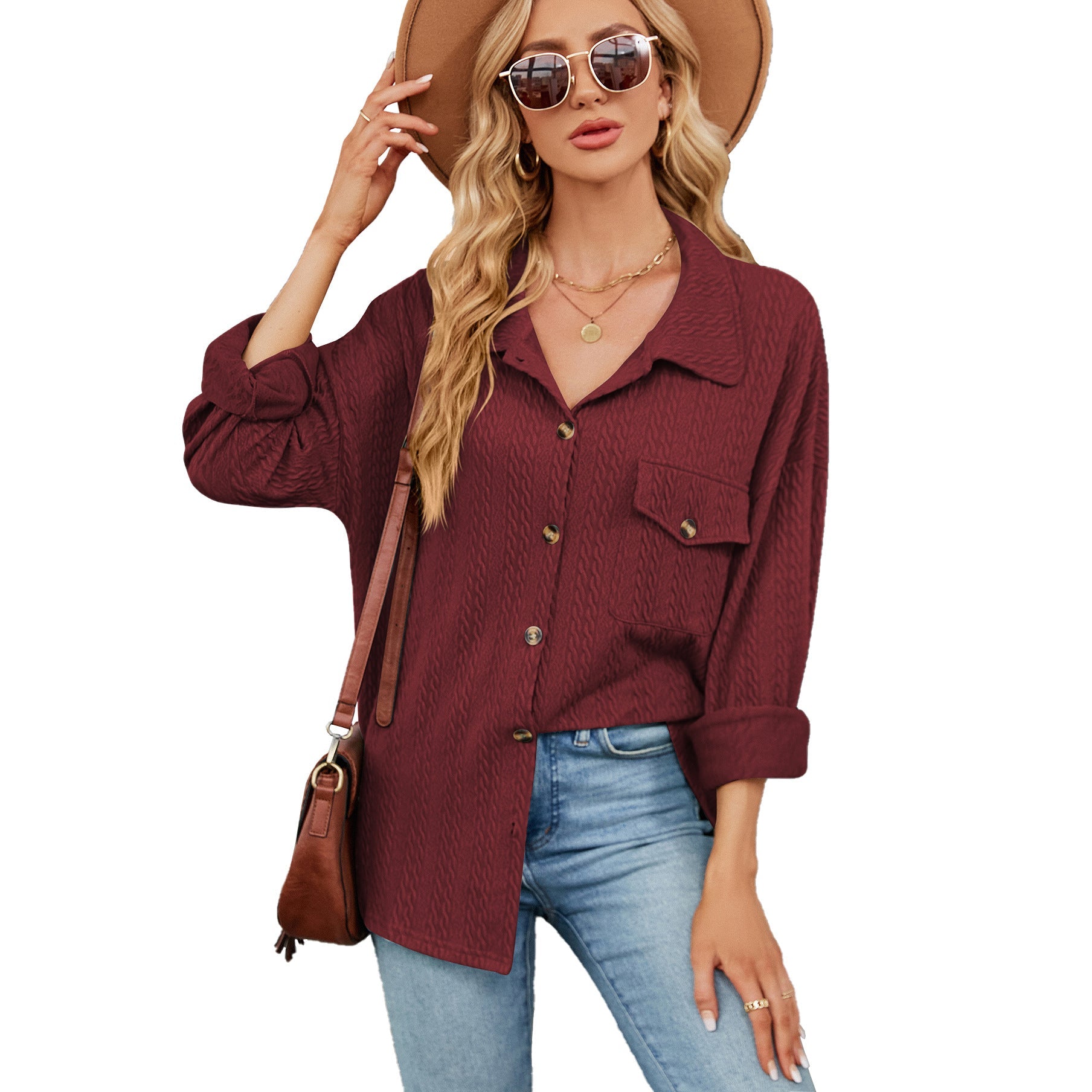 Solid Color Polo Collar Button Pocket Long Sleeve Loose Fitting Coat Top Women