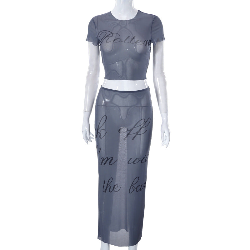 Women Clothing Summer Sexy Mesh See Through Printed Short Sleeve Cropped Top Long Skirt Set