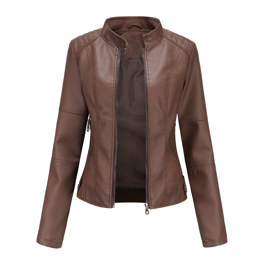 Women Leather Jacket Women Slim Jacket Thin Spring Autumn Coat Women Motorcycle Clothing Stand Collar Leather Jacket