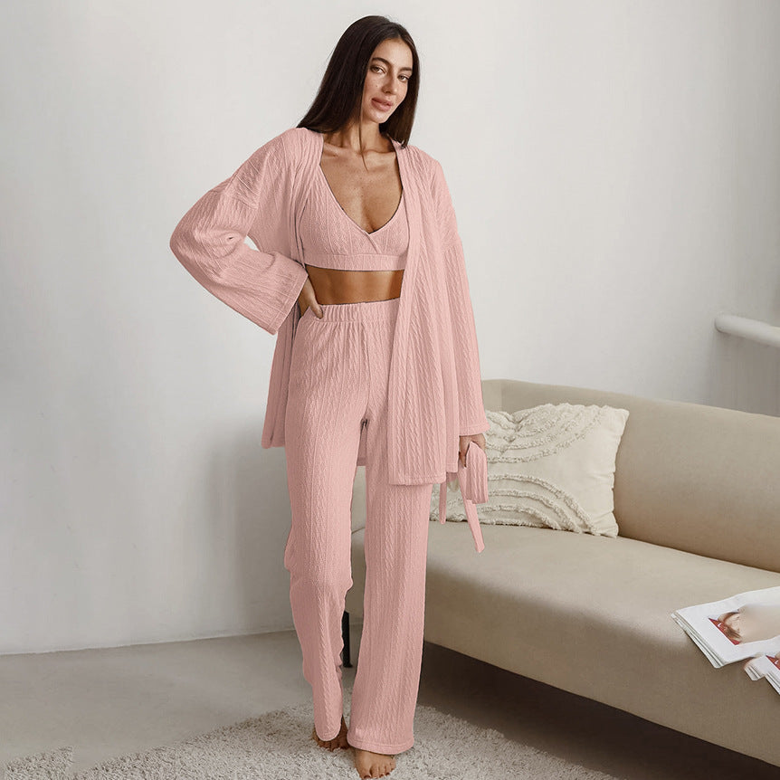 Autumn Sexy Knitted Sling Vest Pajamas Three Piece Set Cardigan Long Sleeve Pants Ladies Homewear