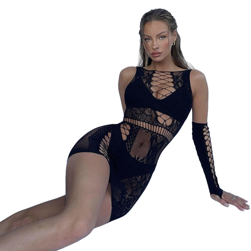 Summer Women Clothing Nightclub Sexy Hollow Out Cutout Jacquard Fishnet Slim-Fit Sheath Dress with Opera Glove