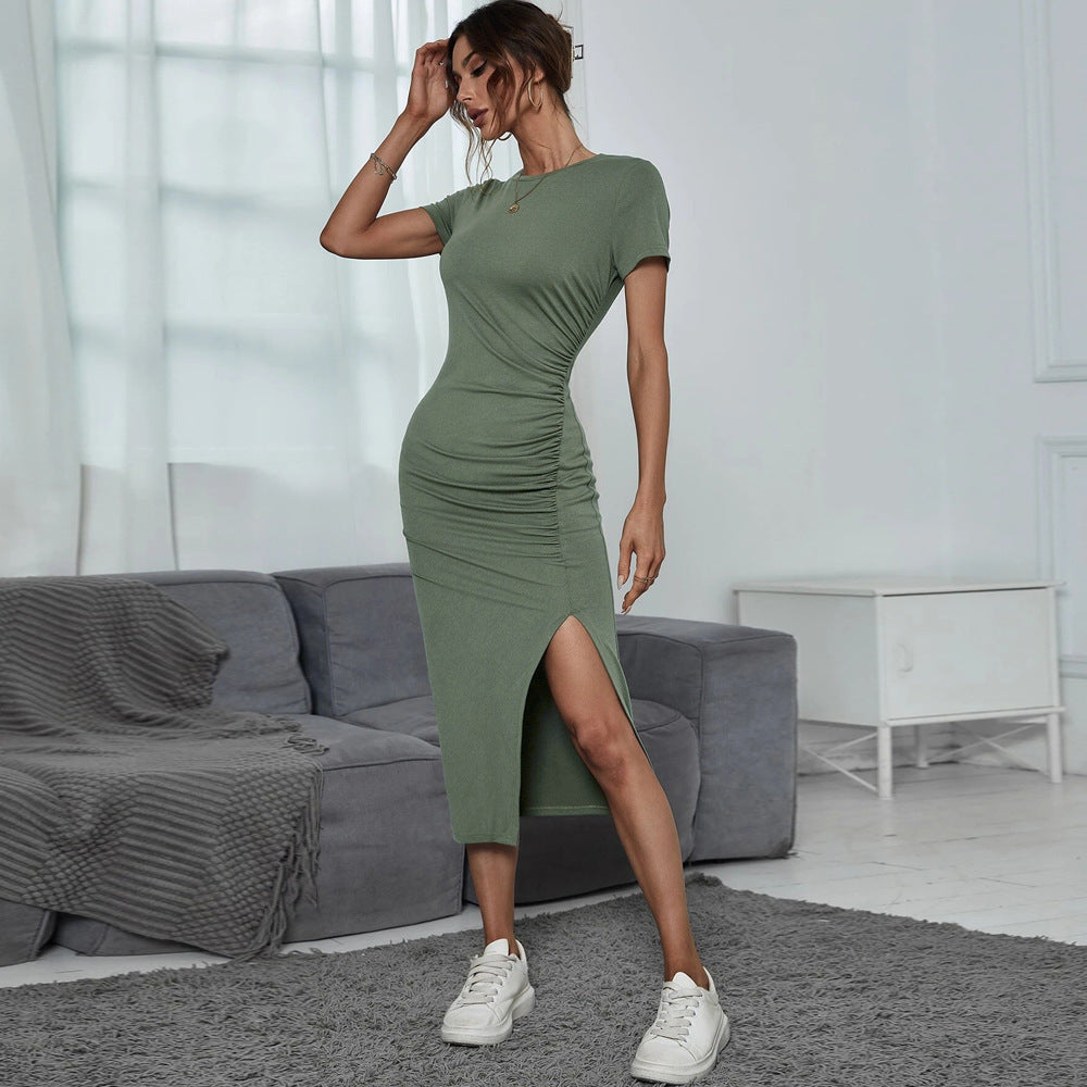 Women Clothing Round Neck Cinched Waist Pullover Split Short Sleeve Sheath Dress Midi Dress