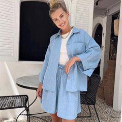 Summer Cotton Long Sleeve Shorts Pajamas Casual Loose Nightgown Worn outside Ladies Homewear