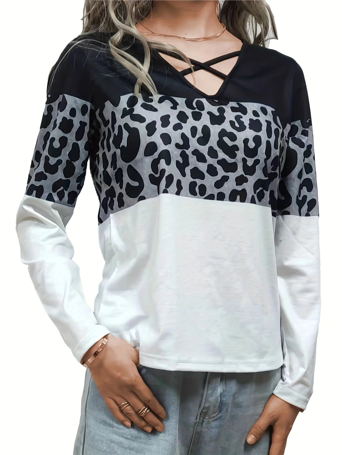 Summer Women Clothing Personality Leopard Splicing V Neck Top Ladies