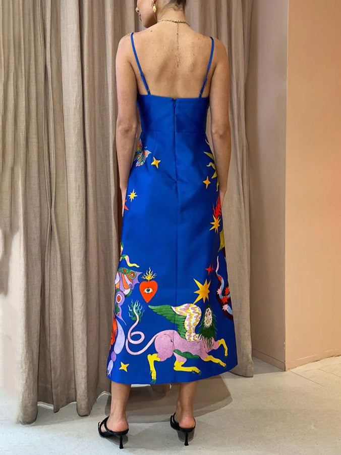 Summer Sexy Satin Backless Printed Sleeveless Midi Dress