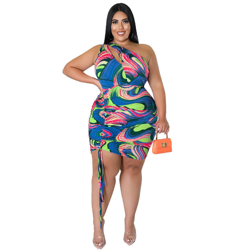 My927 plus Size Women Clothes Pattern Print One-Shoulder Sleeve Sexy Drawstring Bag Hip Dress