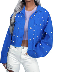 Spring Autumn Candy Color Loose Street Beaded Short Denim Jacket Women