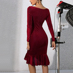 Popular Sexy Small V neck Large Strip Velvet Slim Fit Flattering Hip Dress