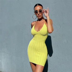 Summer Women  Clothing Halter Sexy Low Cut Backless Slim Fit Knitted Sheath Dress