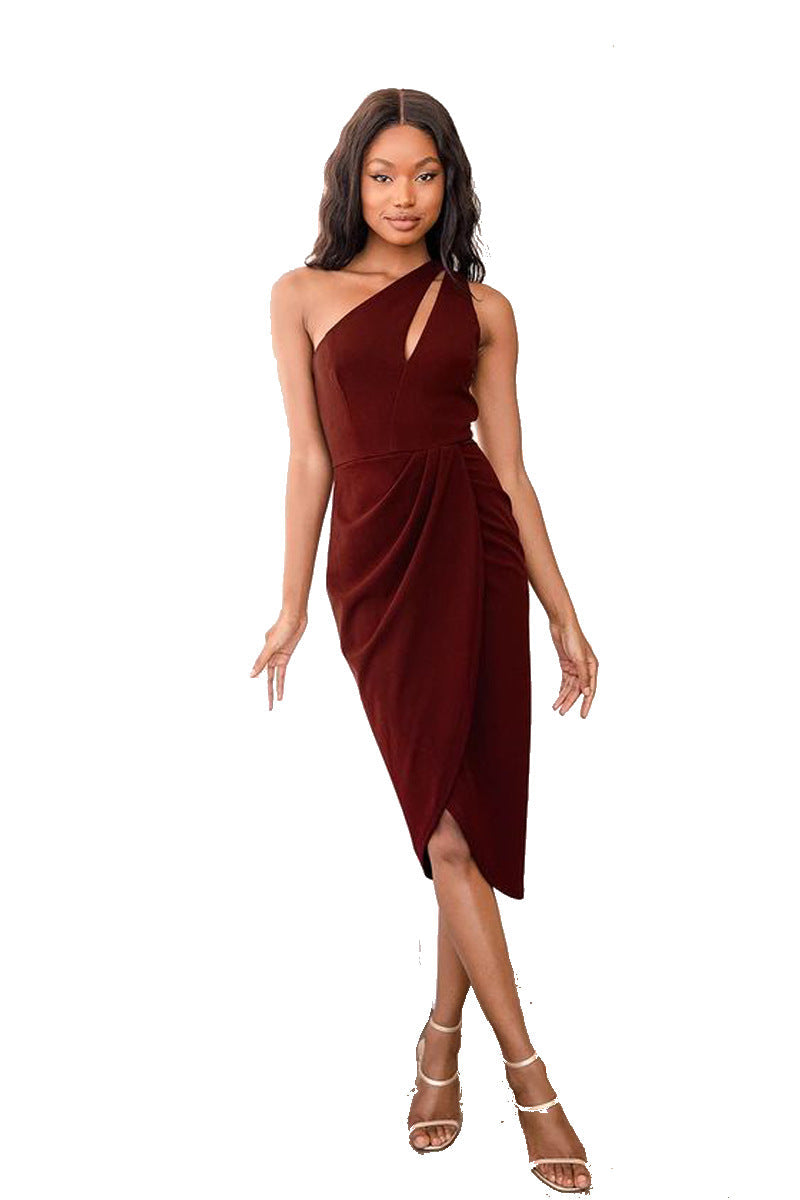 Women Clothes Hip  Oblique Shoulder Hollow Out Cutout Pleated Sexy Slit Christmas Dress