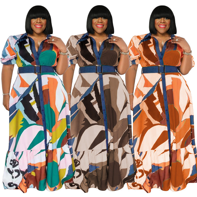 Plus Size Summer  Color Printing with Belt Loose  Women Clothing Dress