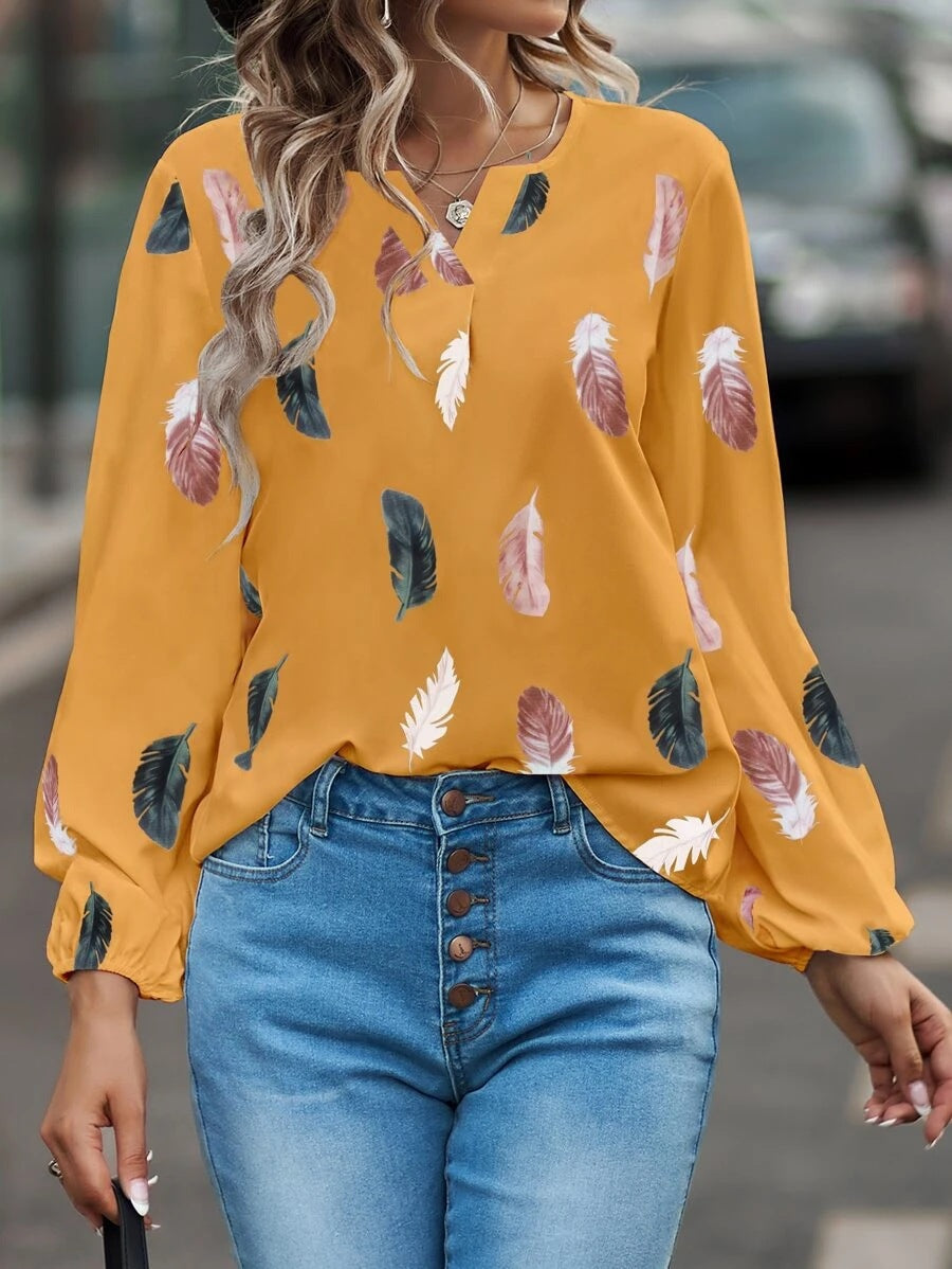 Women Clothing Spring Summer V neck Feather Print Long Sleeve Loose T shirt Women Top