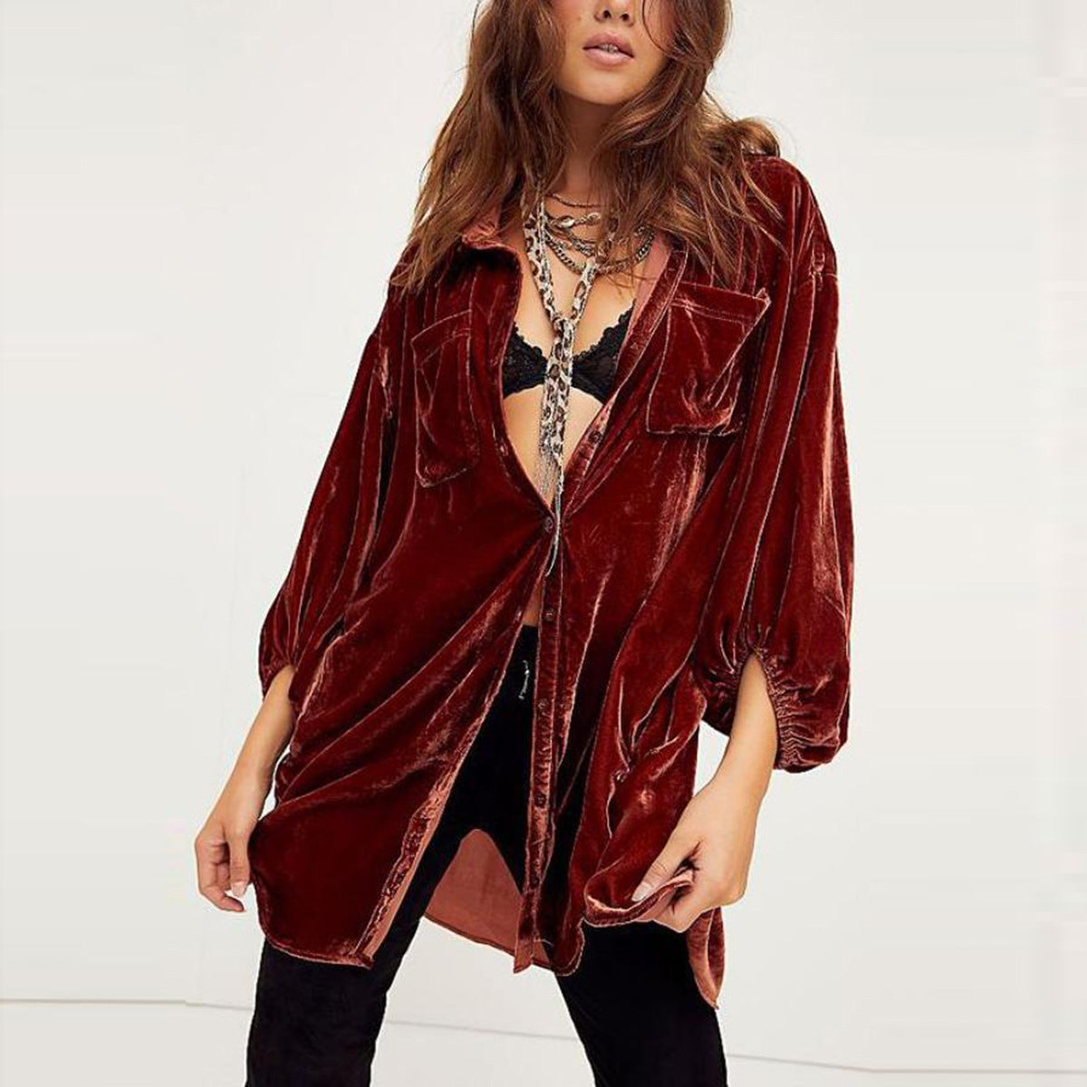 Autumn Winter Pleuche New Loose Lantern Sleeve Long Shirt Top