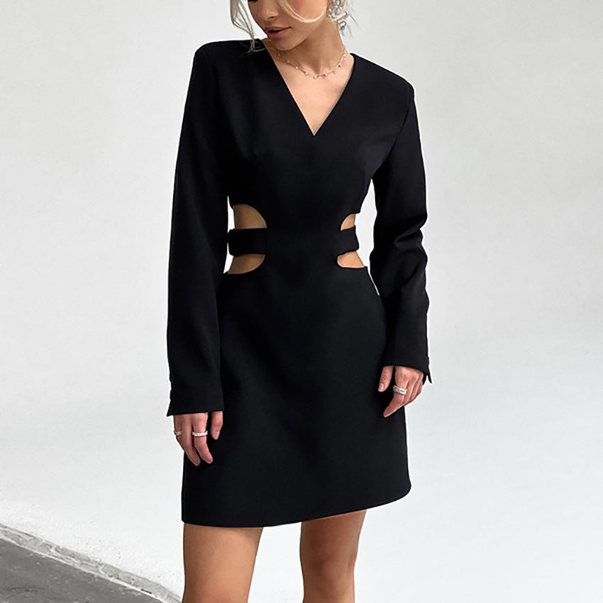 Noir Allure - Cutout V-Neck Long Sleeve Dress