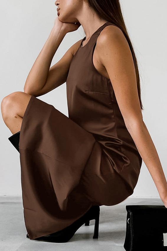 Mocha Essence - Sleeveless Satin Maxi Dress