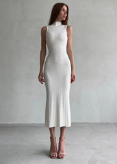 Ivory Ribbed Sleeveless Midi Dress