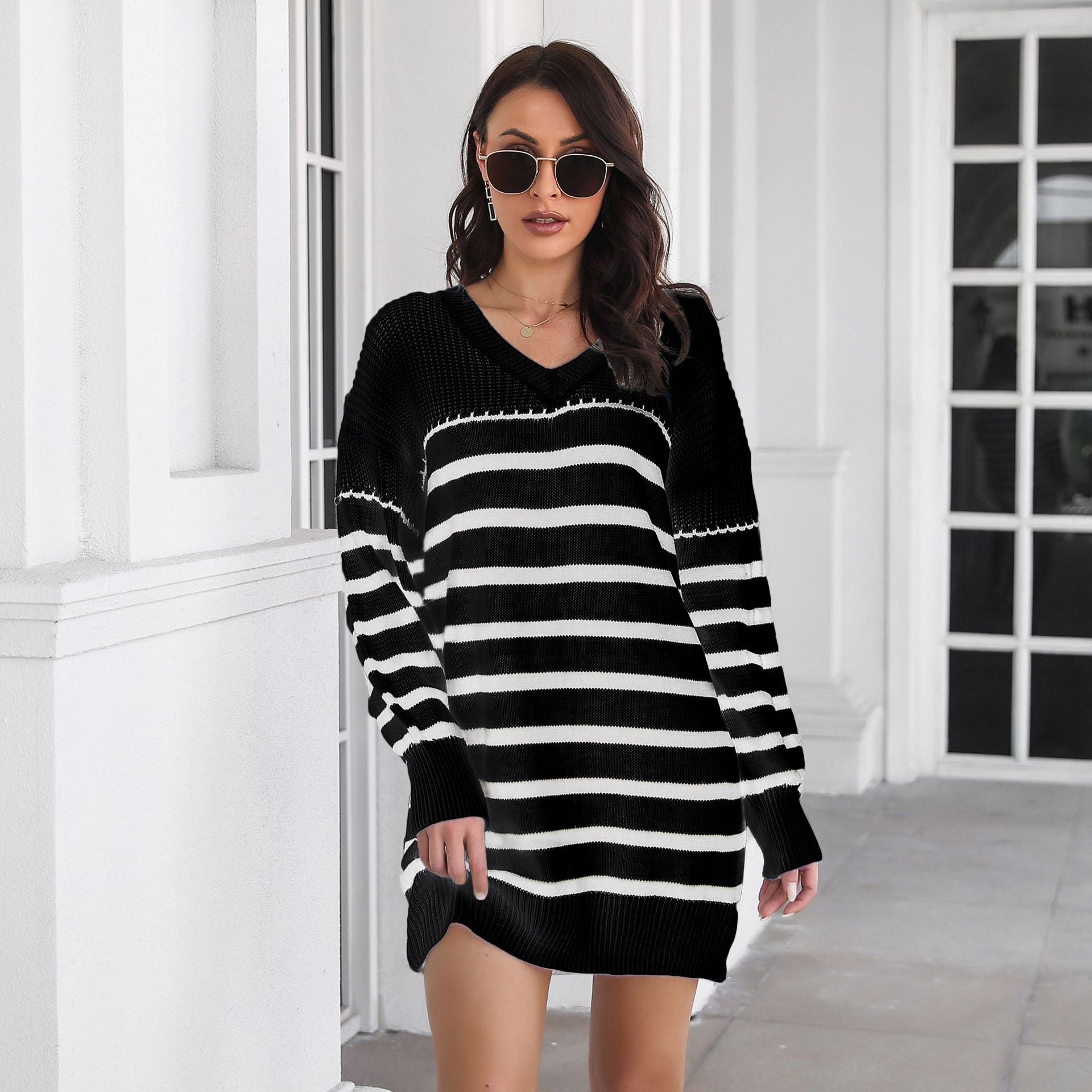 Outer Model Striped V neck Drop Shoulder Long Sleeve Woolen Women Loose Knitted Dress Spring Autumn