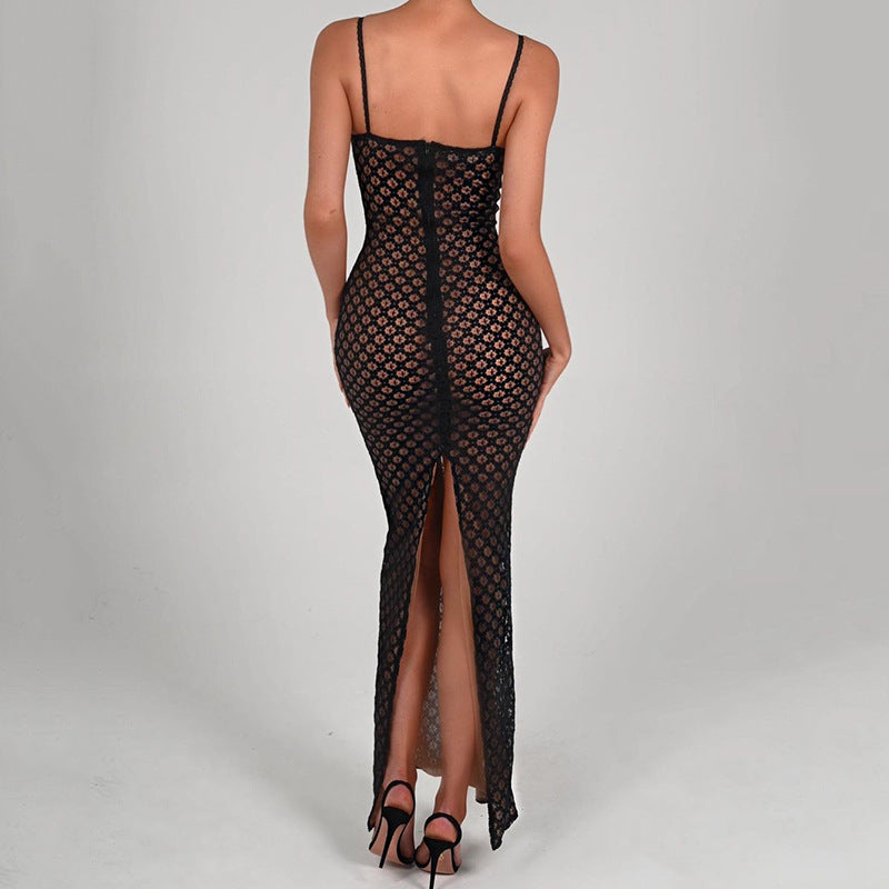 Autumn Sexy Suspender Tight Dress Lace Backless Split Polka Dot Dress