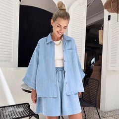 Summer Cotton Long Sleeve Shorts Pajamas Casual Loose Nightgown Worn outside Ladies Homewear