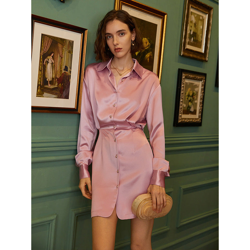 Silk Acetate French Slim Dress – Casual Fitted Waist Shirt Dress