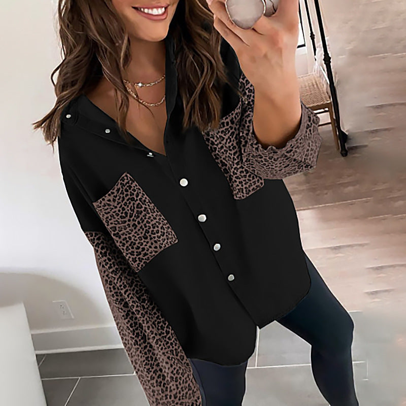 Autumn Shacket Women Long Sleeve Pocket Leopard Print Printing Collared Cardigan Top