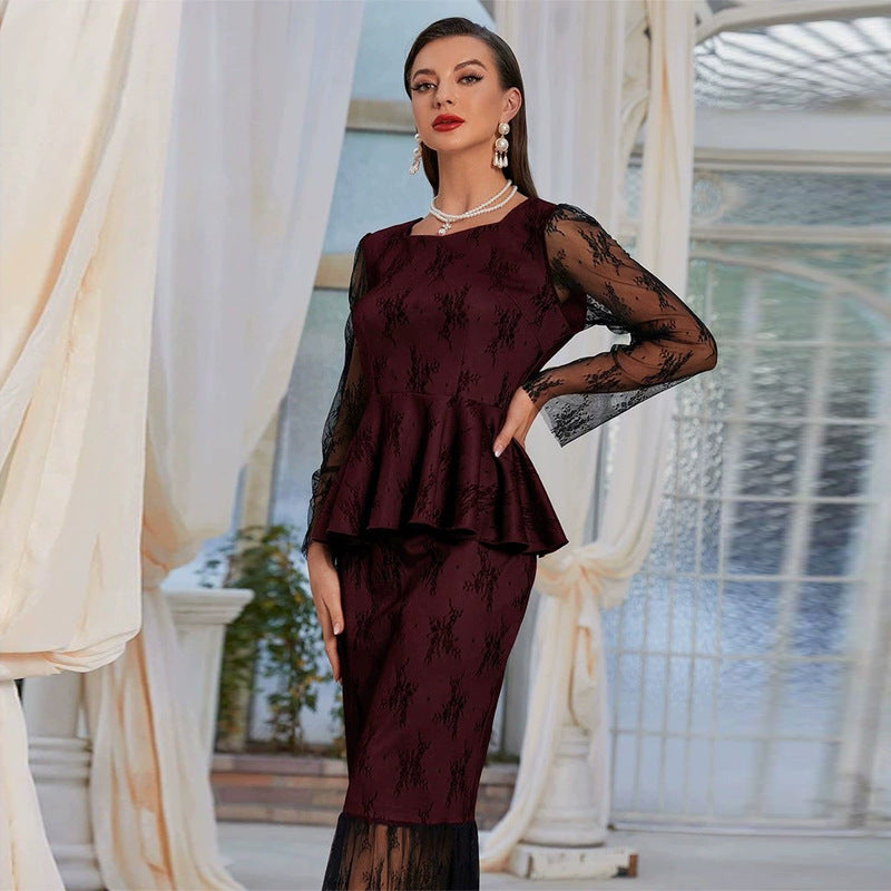 Autumn Winter Women Round Neck Stitching Gauzy Package Hip Fishtail Dinner Evening Skirt Set