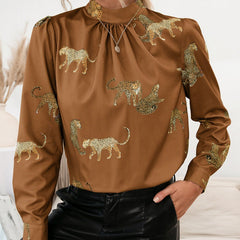 Spring Summer Leopard Printed Shirt Long Sleeve Pullover Shirt Top for Women