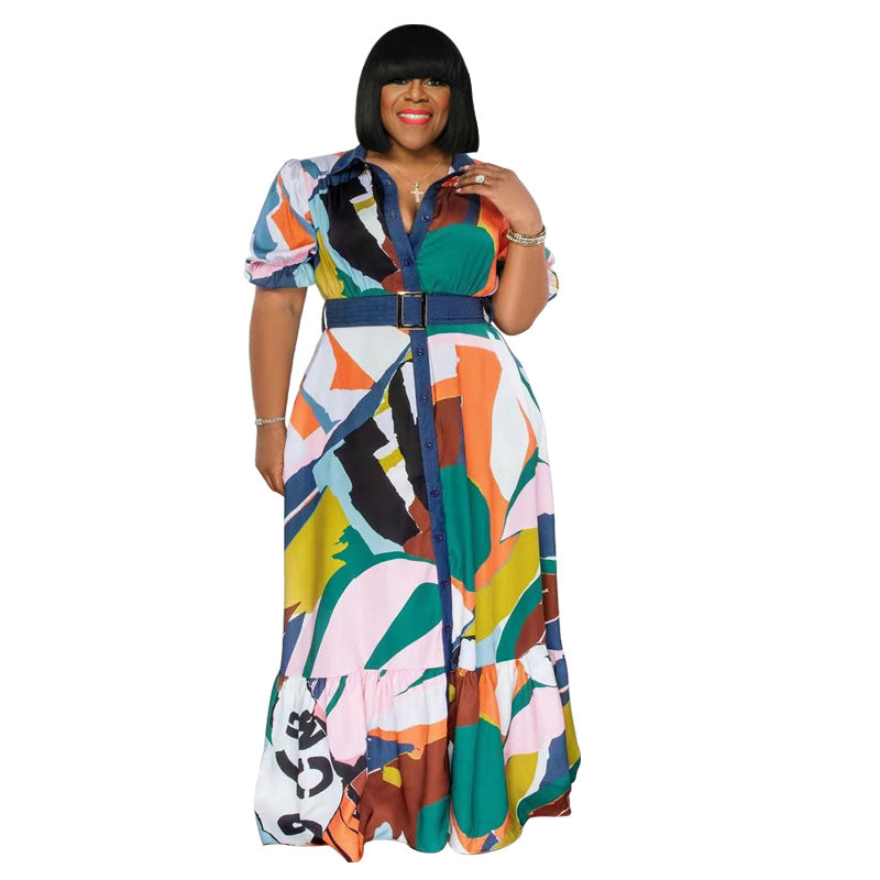 Plus Size Summer  Color Printing with Belt Loose  Women Clothing Dress