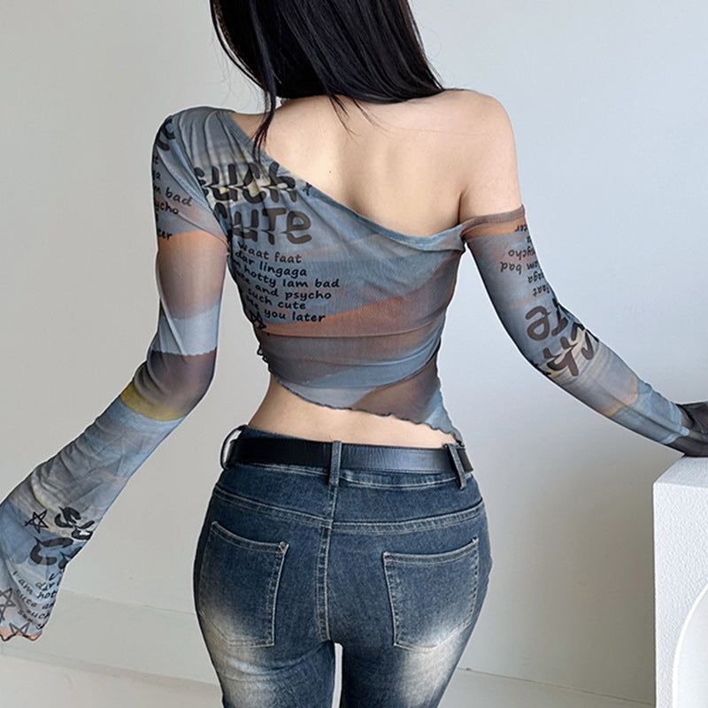 Sexy Mesh See through Letter Graphic Print Contrast Color off Shoulder Short Sleeved T shirt Top