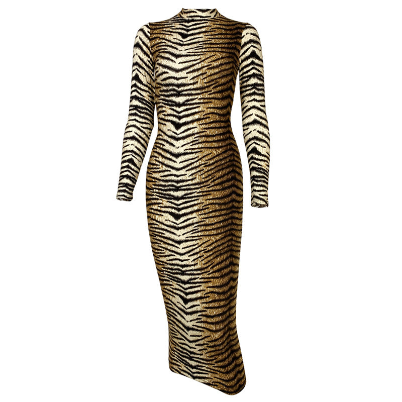 Autumn Winter Women Clothing Leopard Print Long Sleeve Sexy Slim Dress