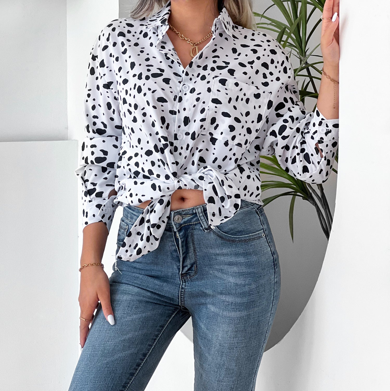 Women’s Leopard Print Collared Shirt – Long Sleeve Casual Top