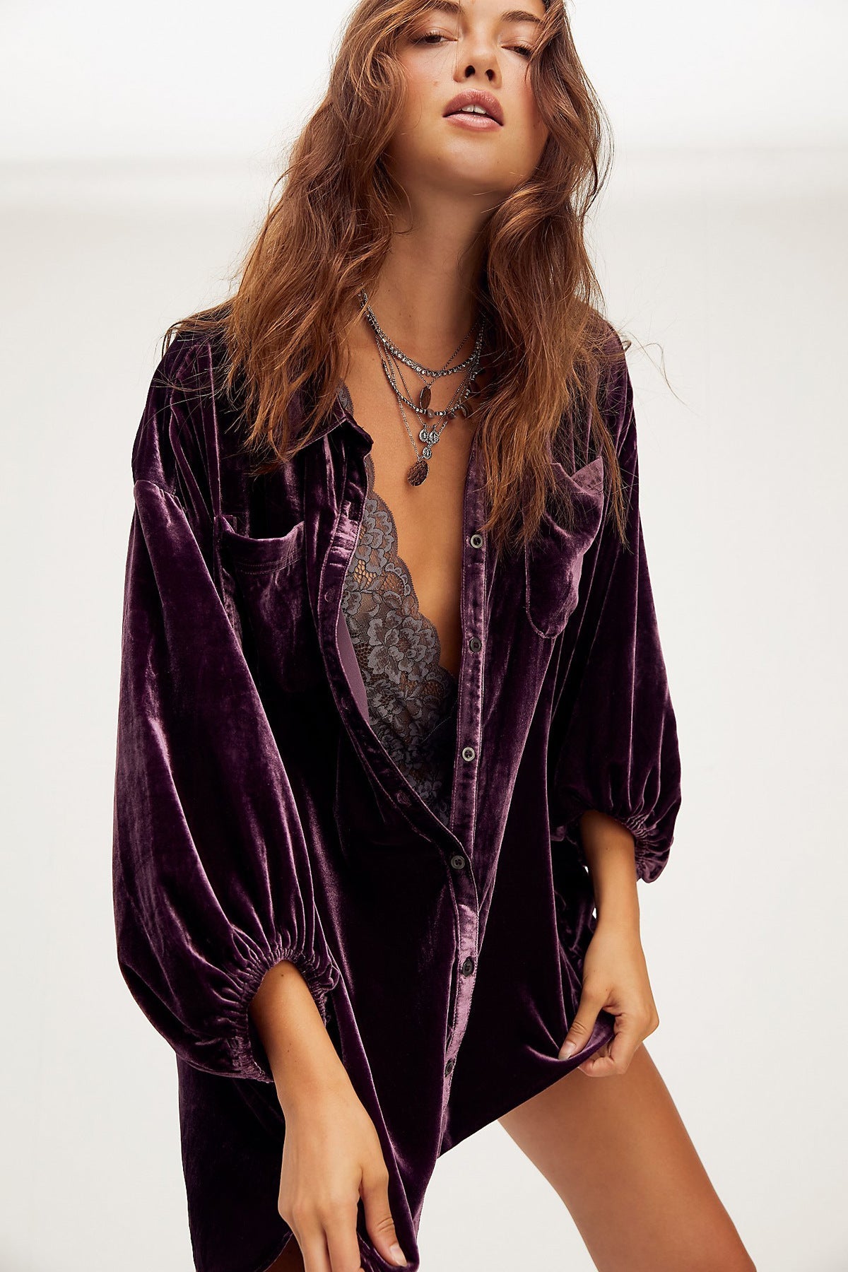 Autumn Winter Pleuche New Loose Lantern Sleeve Long Shirt Top