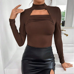 Autumn Winter Women’s Sexy Cutout Slim Solid Color Long Sleeve T-shirt Top