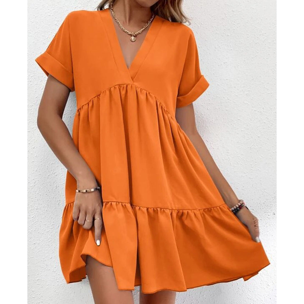 Women Solid Color Loose Waist Midi Dress V neck Dress for Women