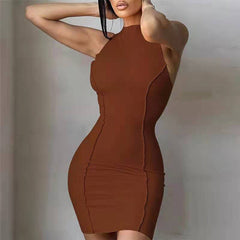 Summer Women Round Neck Sleeveless Solid Color Slim Sheath Dress