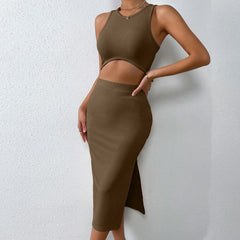 Casual Suit Round Neck Sleeveless Top Slit One Step Skirt Two Piece Set Women