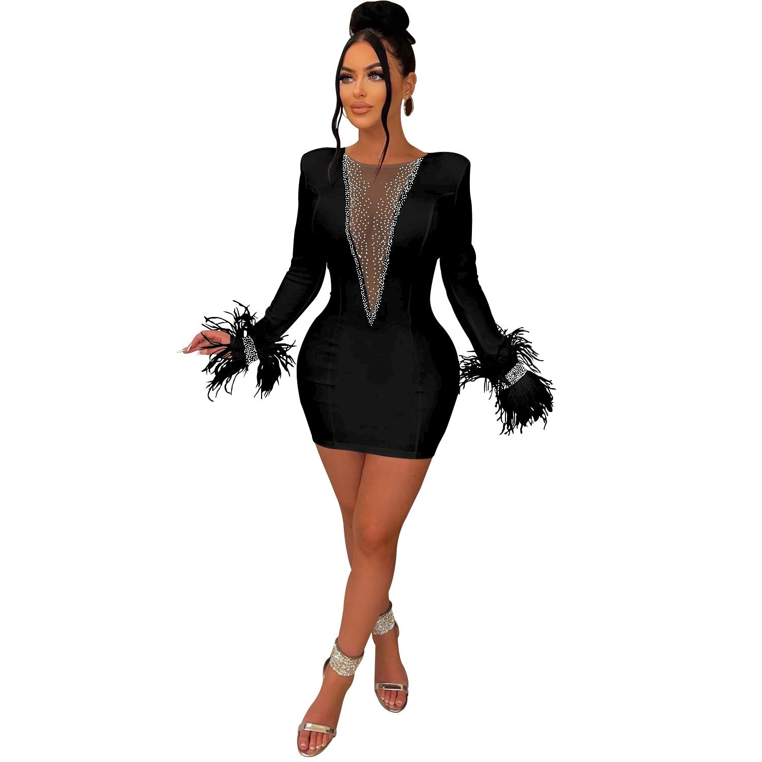 Women Wear Solid Color V Neck Mesh See Through Long Sleeve Tassel Dress Women