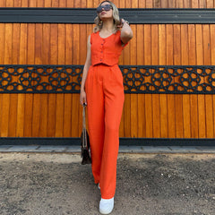 Women Solid Color Sleeveless Vest V neck Short Summer Top Trousers Two Piece Set – Stylish and Chic Outfit for Summer