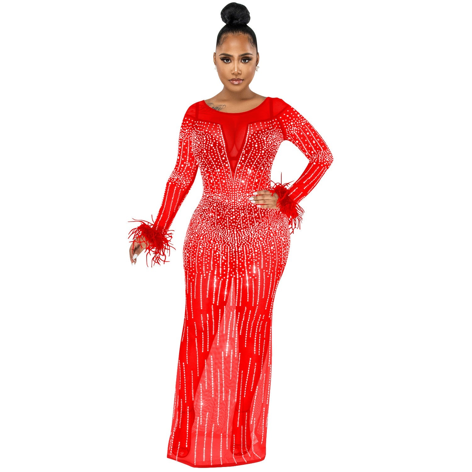 Nightclub Party Rhinestone Women Clothing Mesh See Through Long Sleeve Dress Dress Women