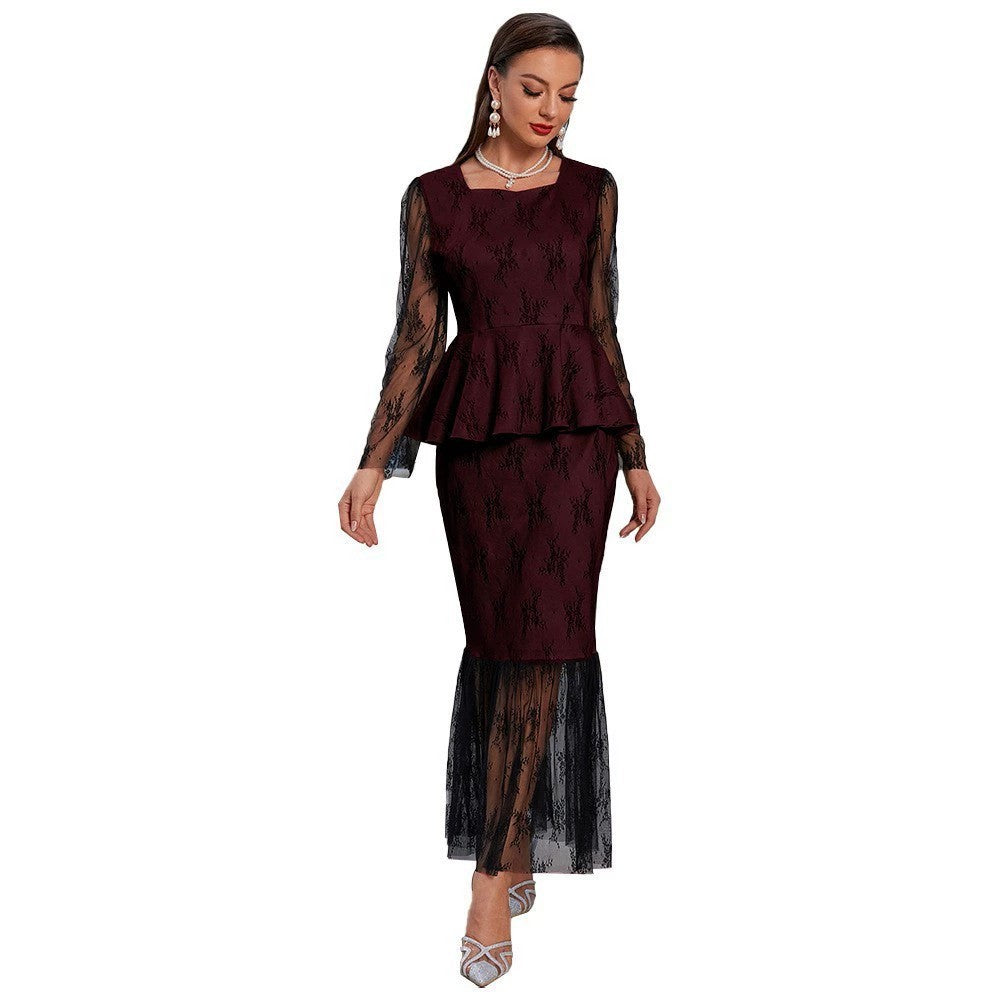 Autumn Winter Women Round Neck Stitching Gauzy Package Hip Fishtail Dinner Evening Skirt Set