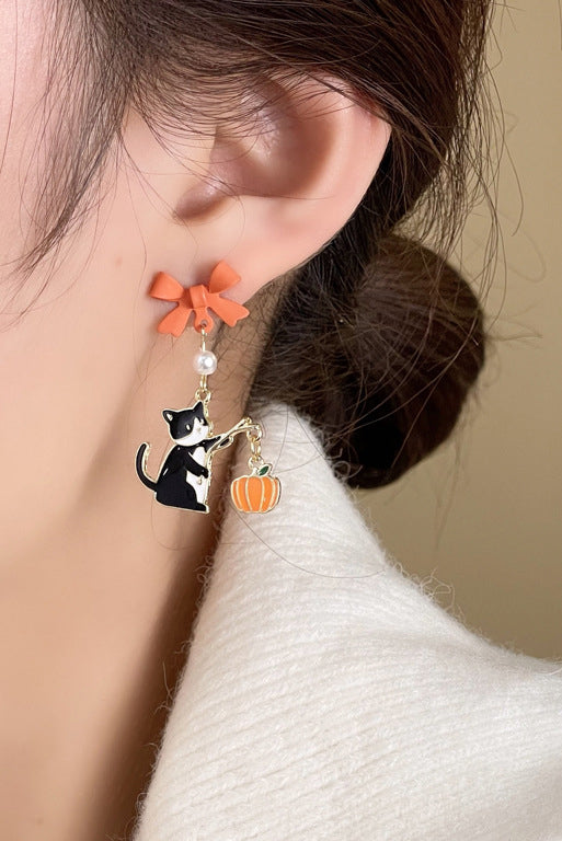 Pumpkin Lantern Cat Drop Earrings