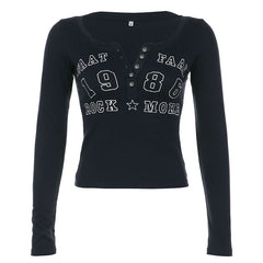 Letters Numbers Printed Long Sleeved T Shirt Women Half Breasted V Neck Pullover Base Short Top