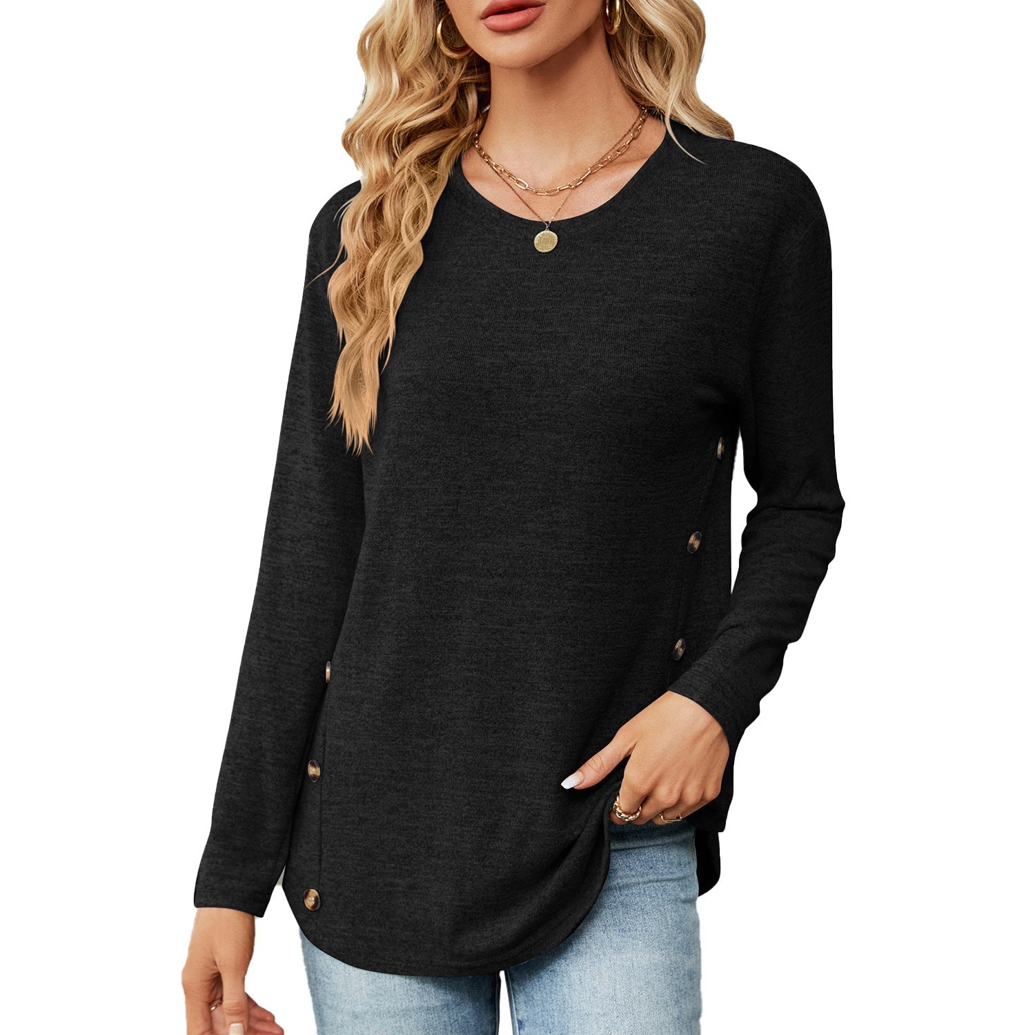 Women Clothing Autumn Winter round Neck Long Sleeve Loose Button T shirt Top Women