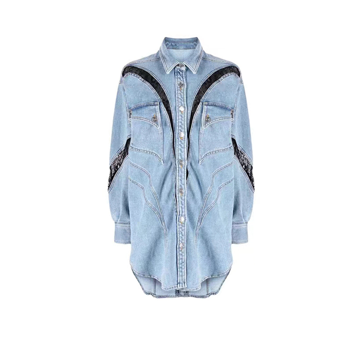 Special Interest Design Three Dimensional Split Shirt Spring Summer Lace Stitching Large Profile Shirt Denim Jacket Coat Women