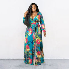 Plus Size Summer Floral Leaf Print Loose Dress with Belt – Stylish and Flattering for Curvy Women