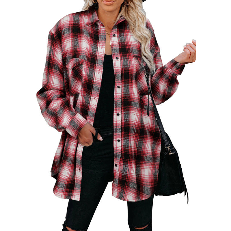 Women Clothing Autumn Winter Plaid Shirt Mid-Length Loose Lapels Cardigan Shirt