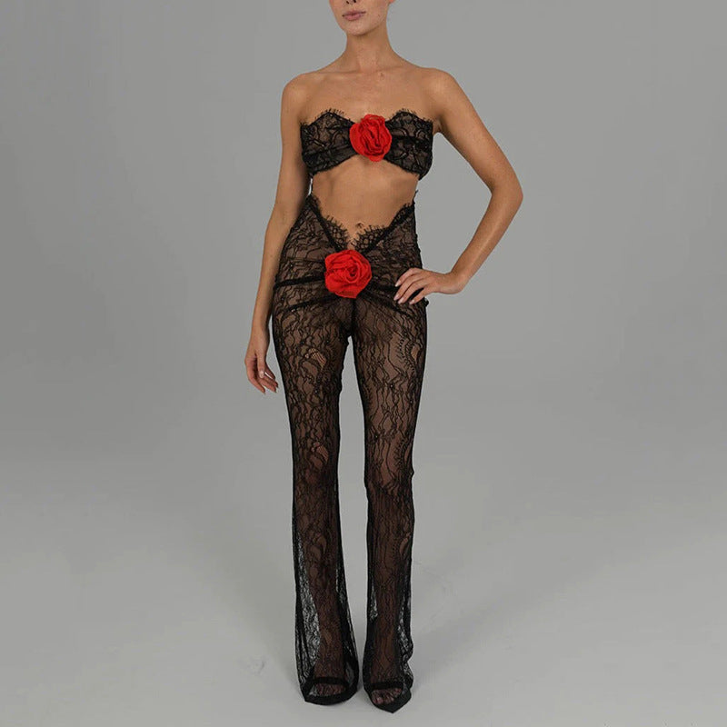 Autumn Lace See through Sexy Temptation Tube Top Jumpsuit Women Sexy Tight Floral Trousers